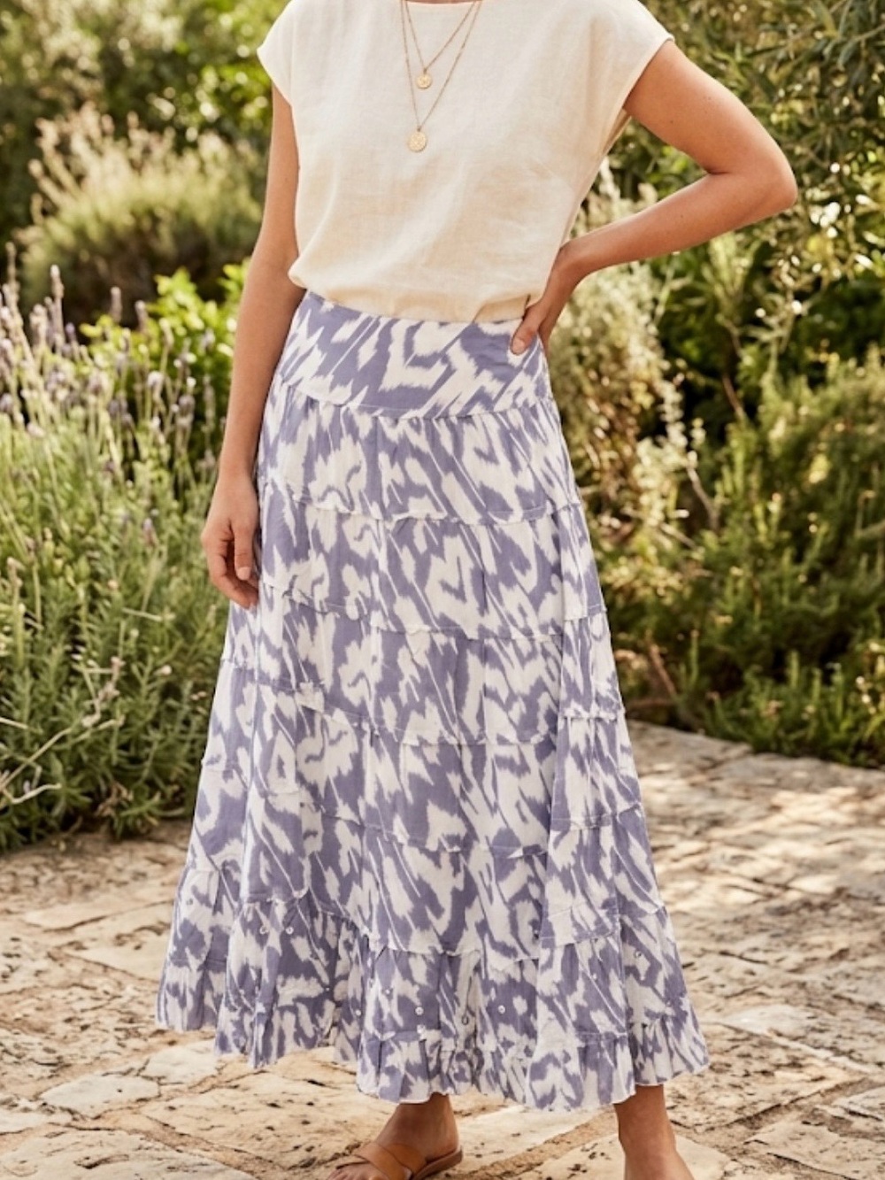 Chaudry KC Slate/Lavender & White Printed Tiered Midi/ Maxi Skirt Boho Size L